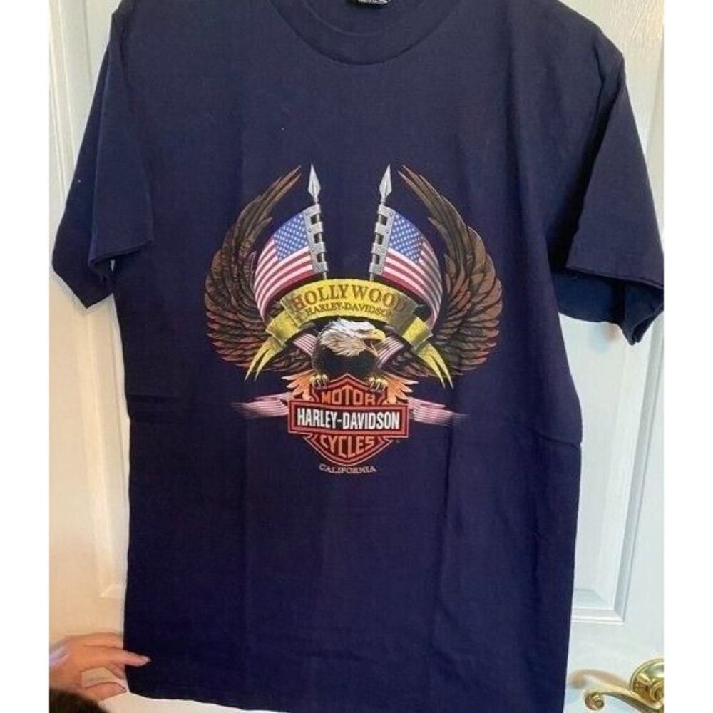 Harley Davidson Graphic Tee Adult Size M Hollywood, Ca Dark Blue